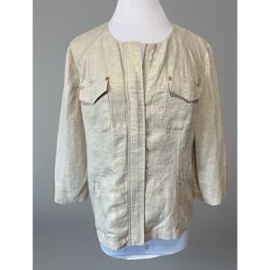 Chico's Women's Medium Gold Foil Shine Linen Zip Jacket Flax Beige Size 1 NWT